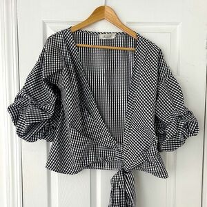 Chicwish gingham wrap top with gathered sleeves